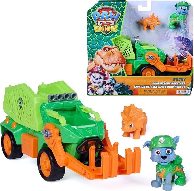 مجموعات لعب المركبات - Paw Patrol: The Dino Movie Rocky’s Dino Rescue Recycler Vehicle مع Rocky & Dino Figures