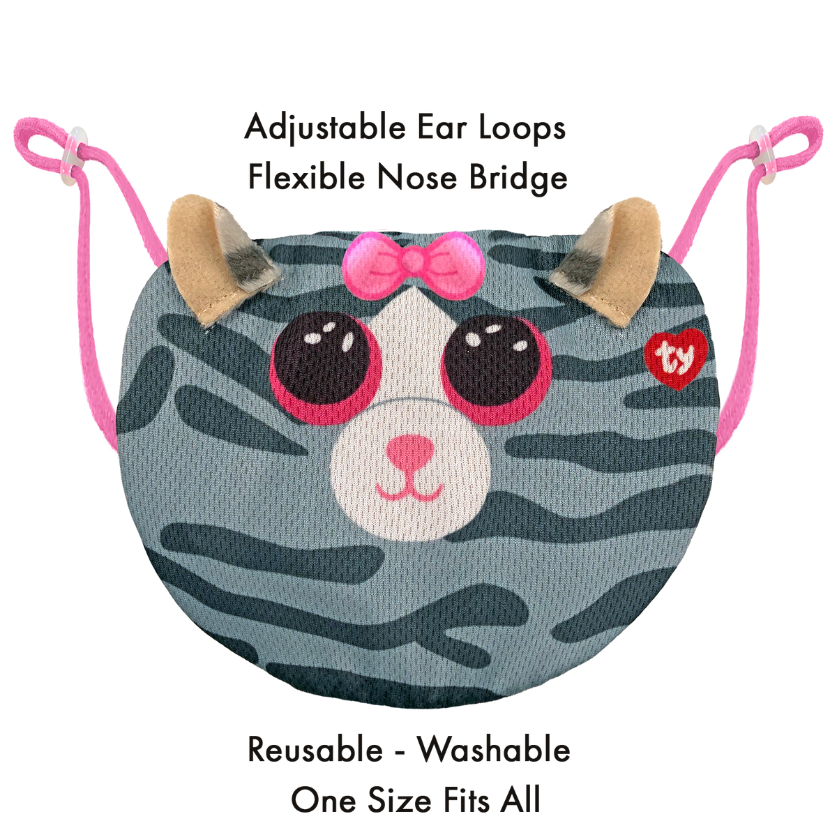 TY Beanie Boos Kiki Cat Reusable Washable Face Mask -Grey, Cute Cat Design for Kids