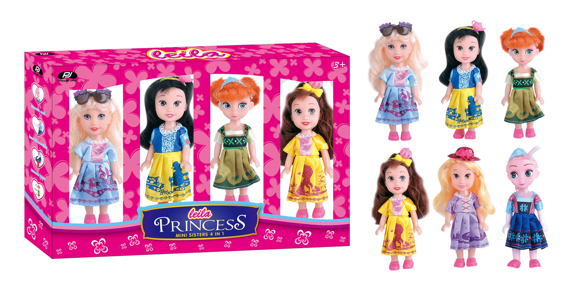 Power Joy Leila Princess Mini Sisters 4-in-1 Fashion Princess Doll Collection with Accessories for Kids