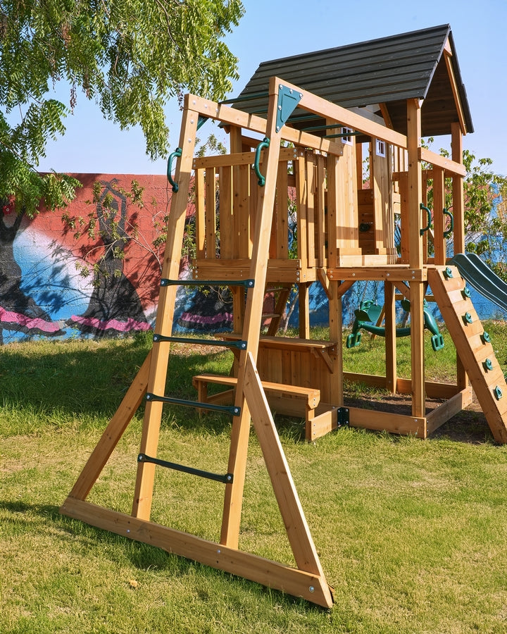 Dynamic Sports Arabian Leopard Wooden Swing Set with Clubhouse & Monkey Bars