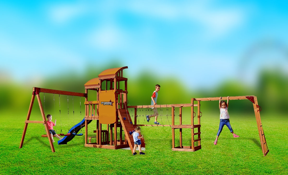 Dynamic Sports Arabian Oryx Extreme Wooden Playset with Climbing Wall & Rope Bridge