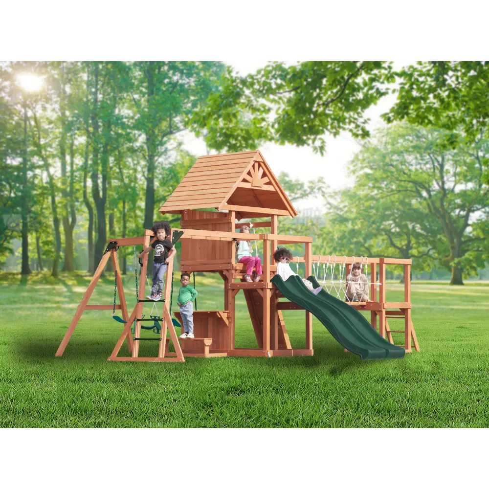 Mountpeak Double Decker Swing Set & Playhouse with Dual Slides