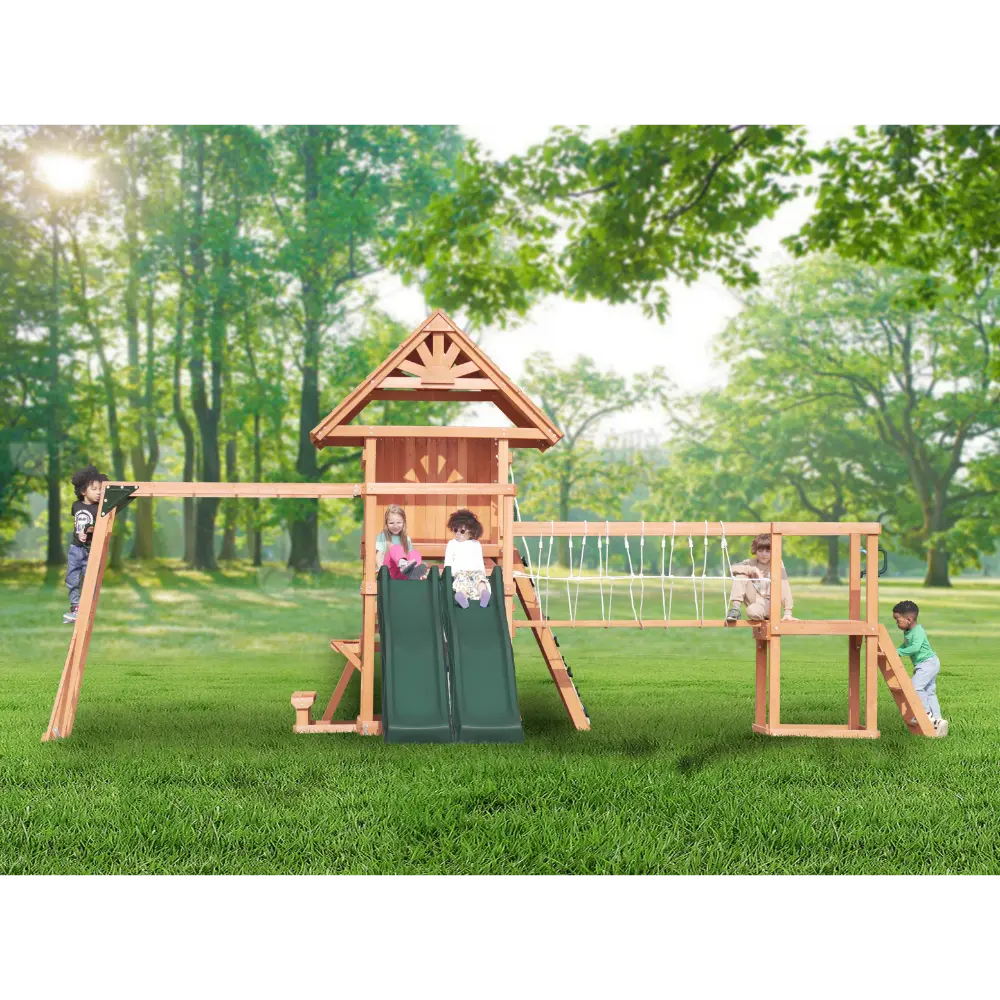 Mountpeak Double Decker Swing Set & Playhouse with Dual Slides
