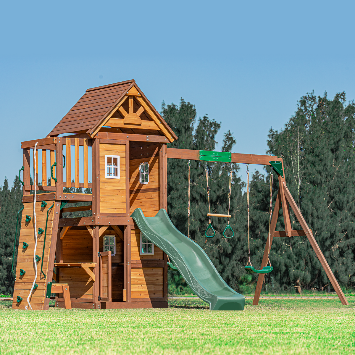 Mountpeak Kazbek Swing Set & Playhouse with Climbing Wall & Kitchen
