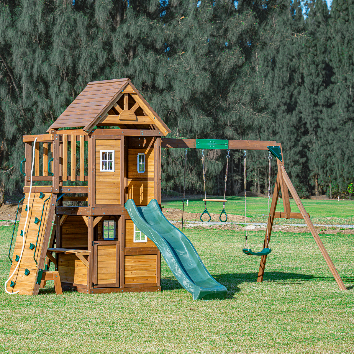 Mountpeak Kazbek Swing Set & Playhouse with Climbing Wall & Kitchen