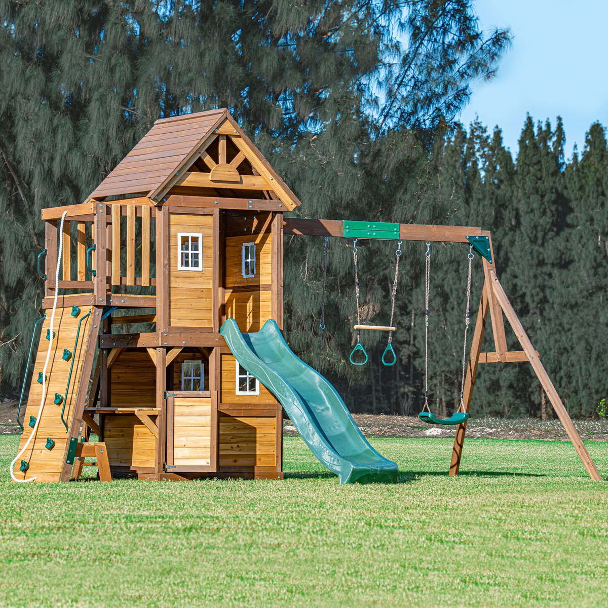 Mountpeak Kazbek Swing Set & Playhouse with Climbing Wall & Kitchen