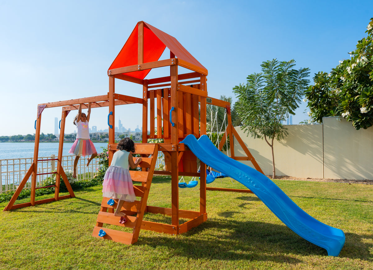 Dynamic Sports Olympia Wooden Swing Set with Slide & Monkey Bars