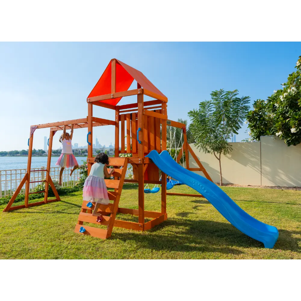 Dynamic Sports Olympia Wooden Swing Set with Slide & Monkey Bars